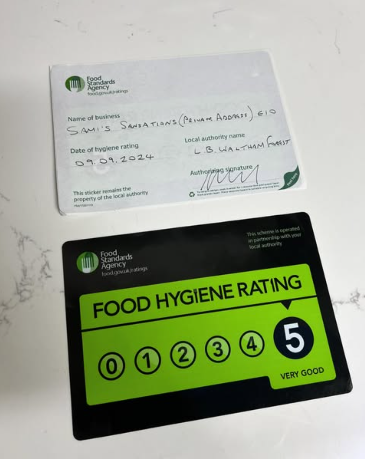 Food Standards Agency 5 star food hygiene rating awarded to Sami's Sensations